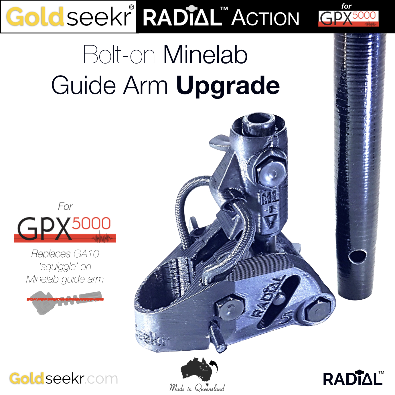 Goldseekr-RADiAL-Action-Minelab-Guide-Arm-GA-10-Bolt-on-SQUIGGLE-Accessory-hinge-UpGrade-for-Minelab-GPX5000