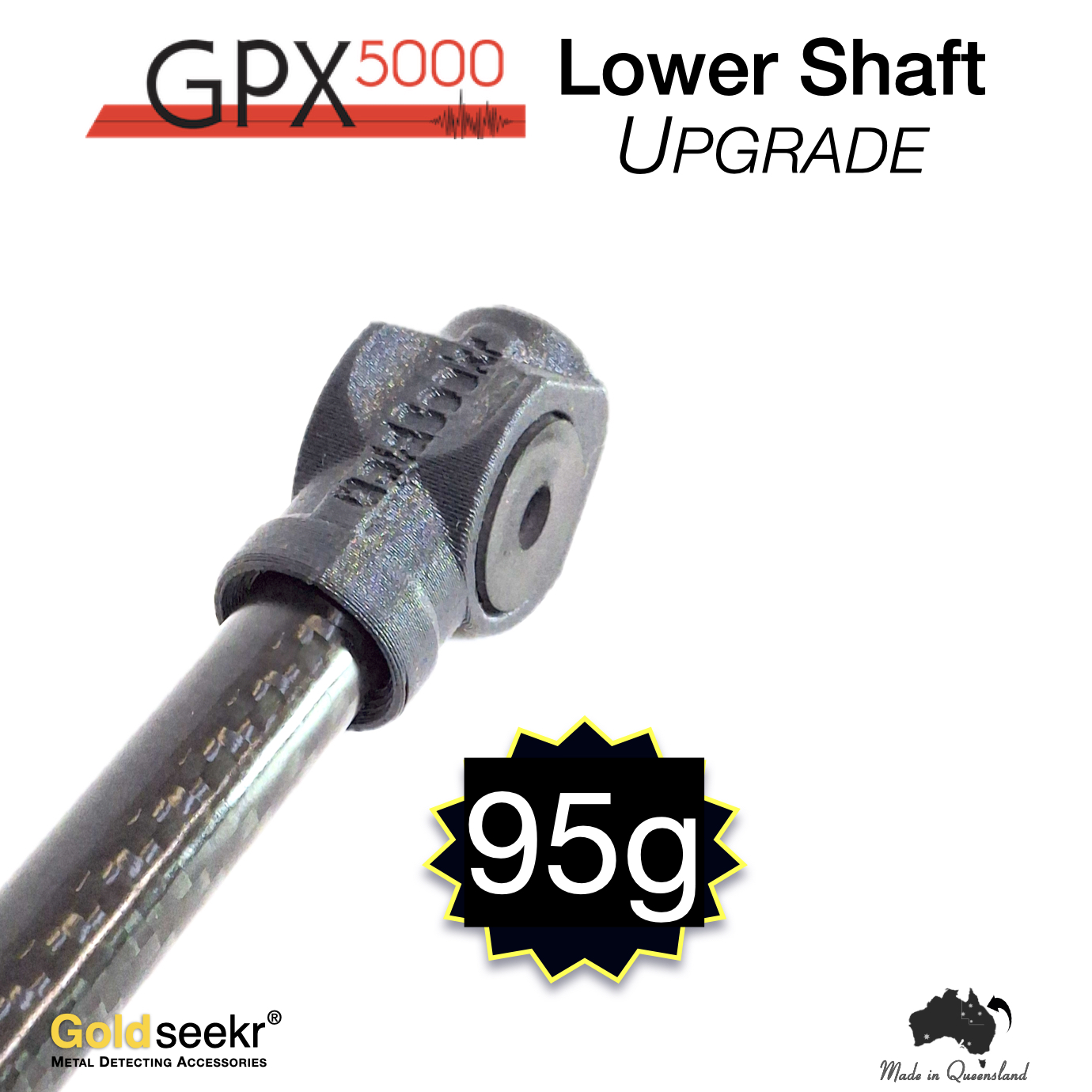 Minelab GPX5000 Lower Shaft Carbon Fibre Upgrade Showing the coil mounting end of the Goldseekr GPX5000 Lower Shaft Carbon Fibre Upgrade, and total weight of 95g.