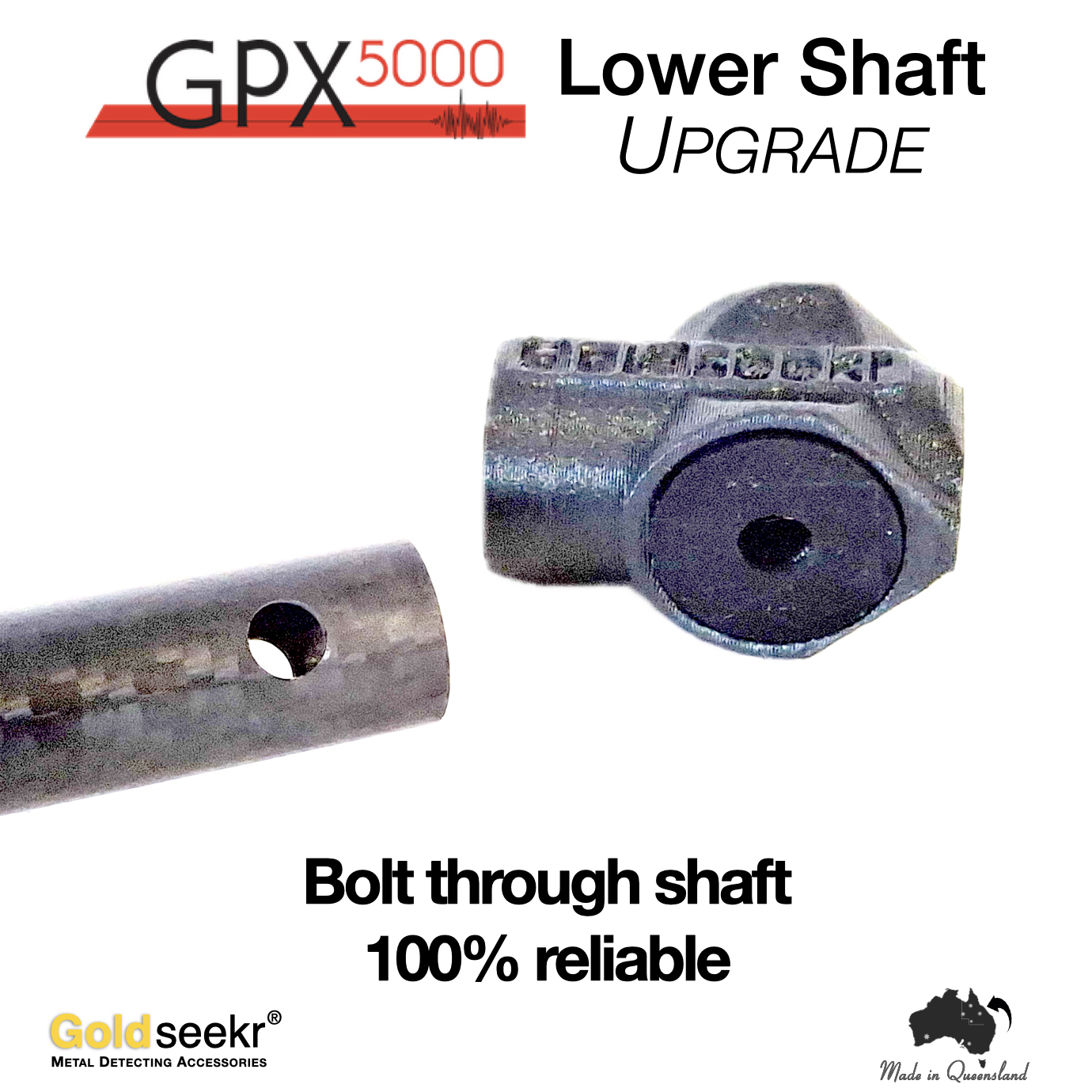 Minelab GPX5000 Lower Shaft Carbon Fibre Upgrade Showing the how coil mounting end of the Goldseekr GPX5000 Lower Shaft Carbon Fibre Upgrade is made stronger by the mounting bolt fastening through the carbon fibre shaft.