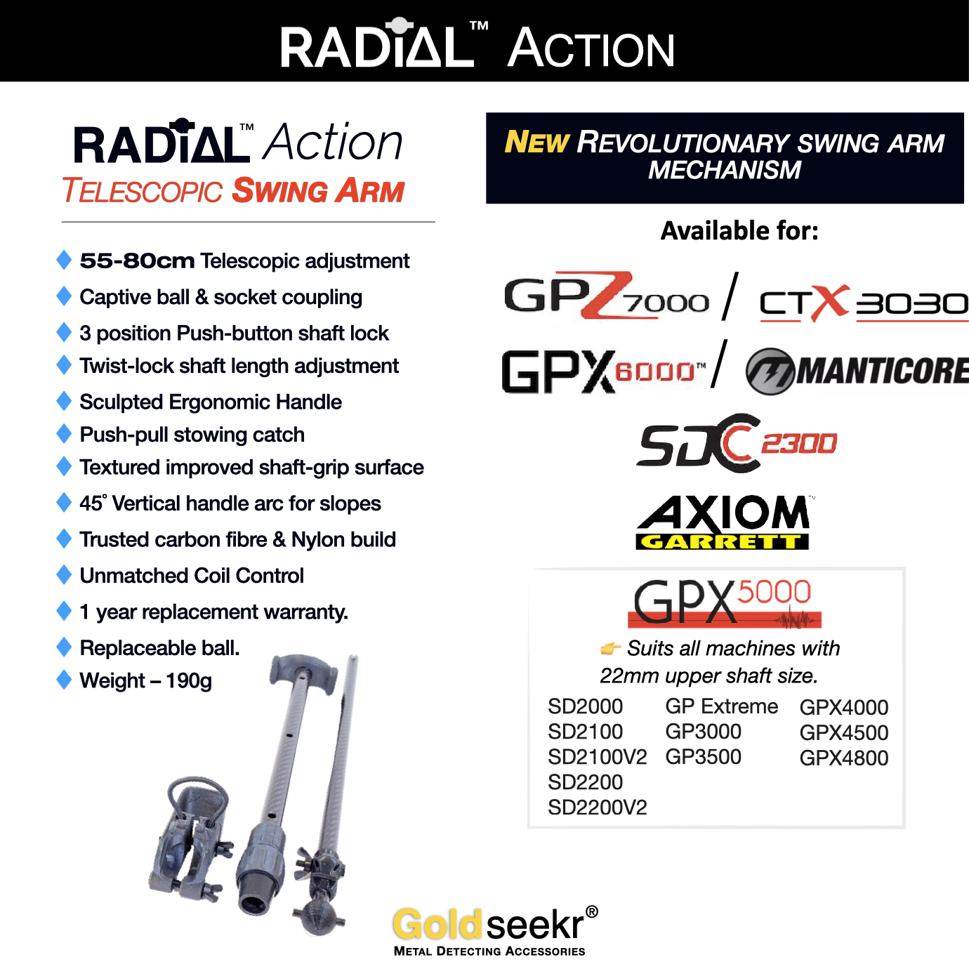 Goldseekr RADiAL Action Telescopic Carbon Fibre Swing Arm for Minelab SDC2300 Goldseekr RADiAL Action Telescopic Carbon Fibre Swing Arm for Minelab SDC2300 - Image 16